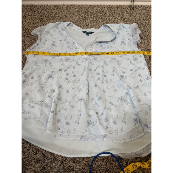 Lauren Ralph Lauren Blue Floral Blouse Womens Sz XL Flutter Sleeve V Neck - Picture 6 of 7